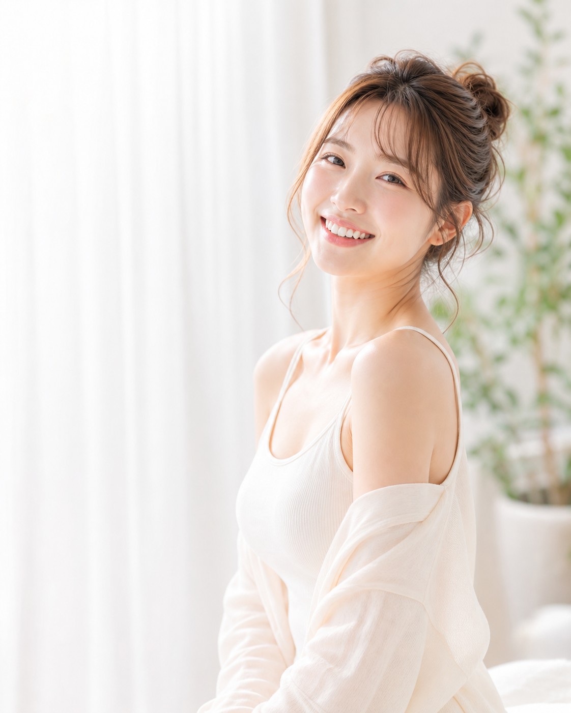 明るい室内で微笑む女性